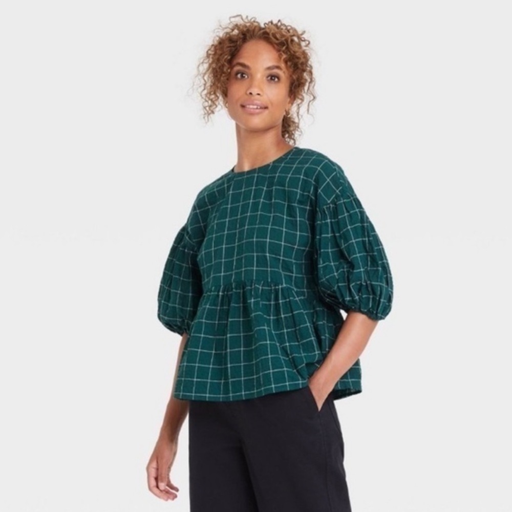 A New Day Windowpane puff sleeve top - teal green